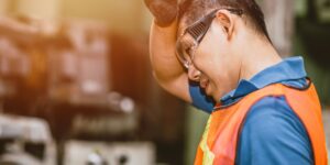 Guy heated at work in Los Angeles sweating