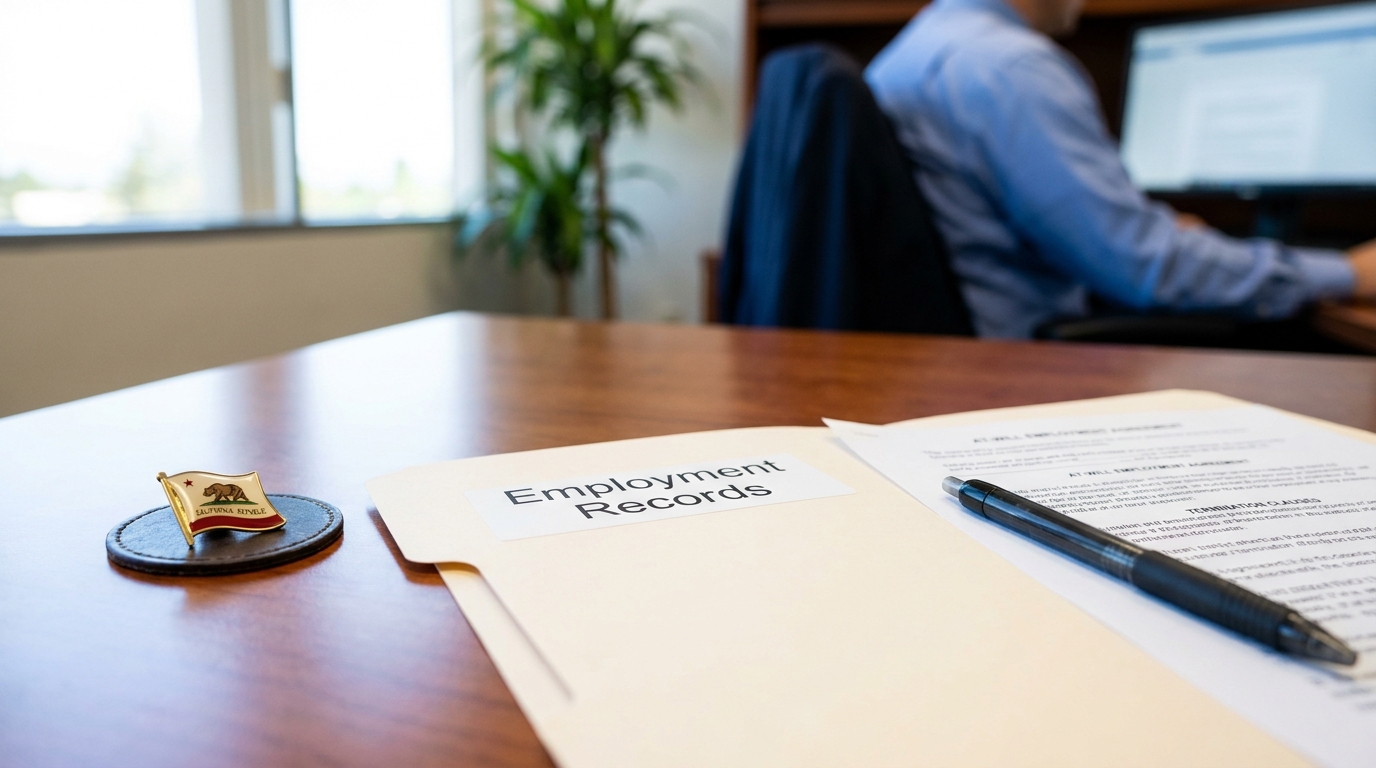 Employment records folder, pen, and legal documents on office desk