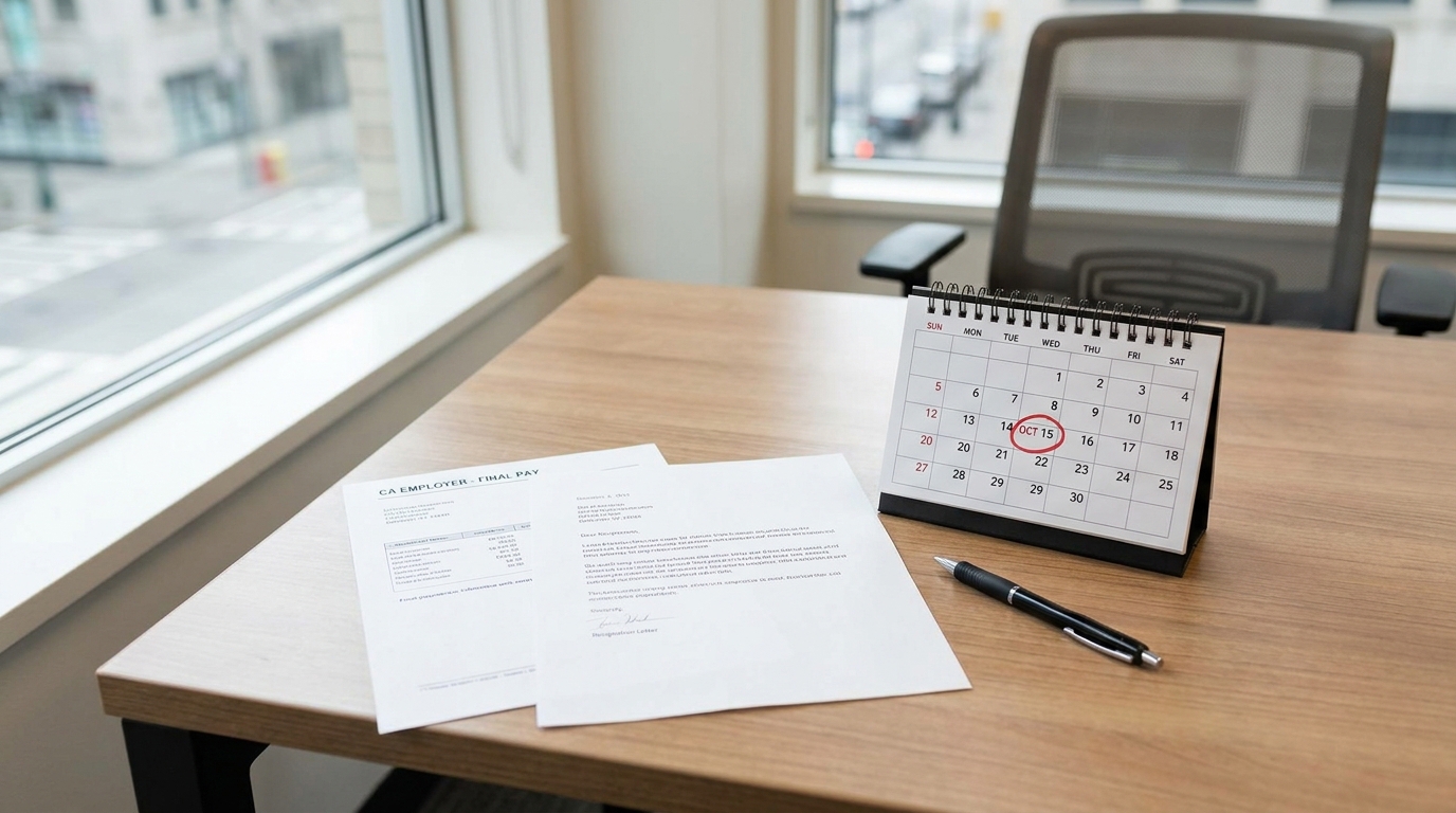 Desk calendar with Oct 15 circled beside CA employer final pay documents