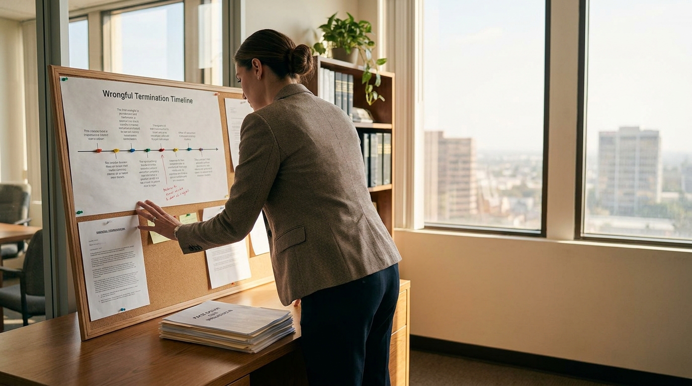 attorney pinning documents to corkboard displaying Wrongful Termination Timeline chart