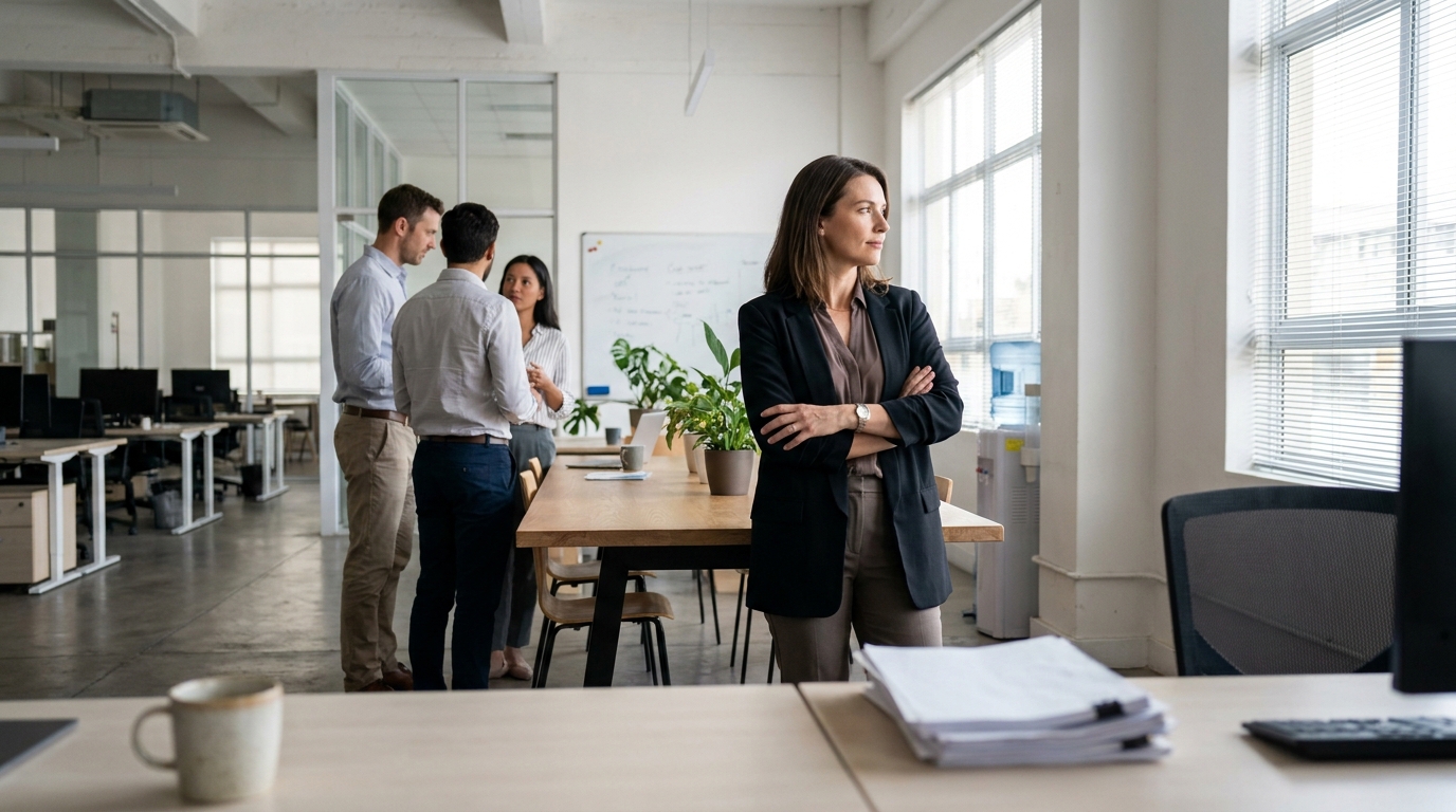 professional woman in blazer standing arms crossed in modern law office with colleagues