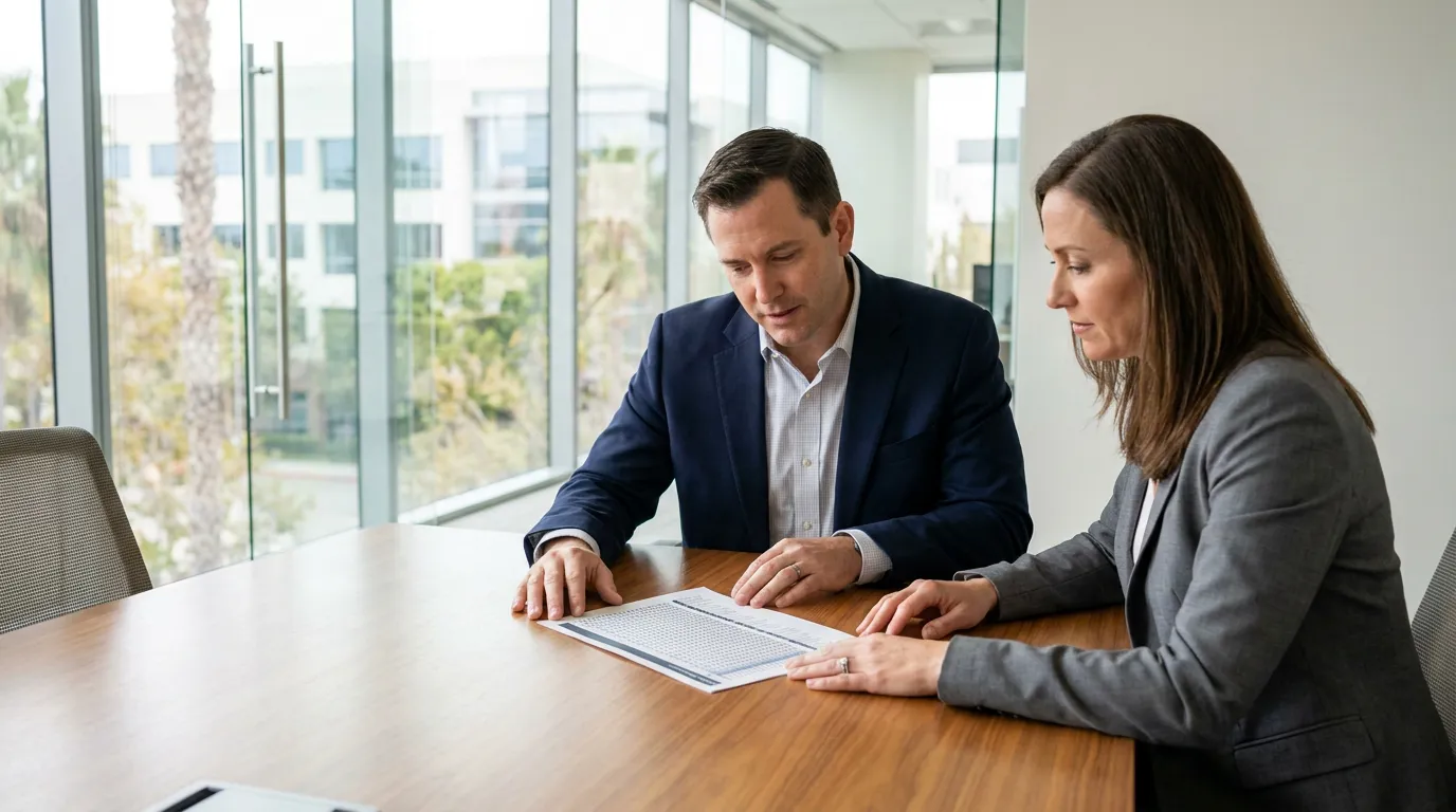 two attorneys reviewing printed legal document together at conference room table