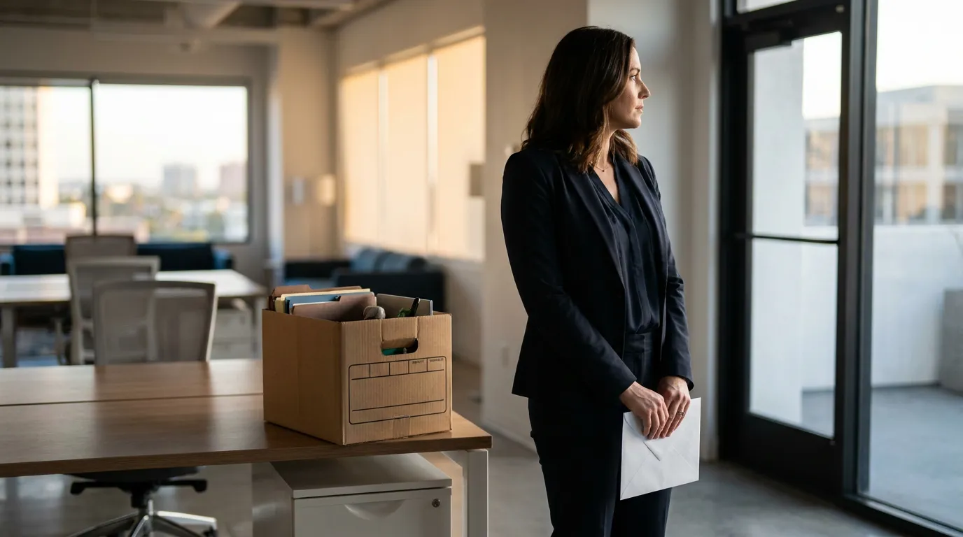 professional woman holding envelope standing beside packed cardboard box in office