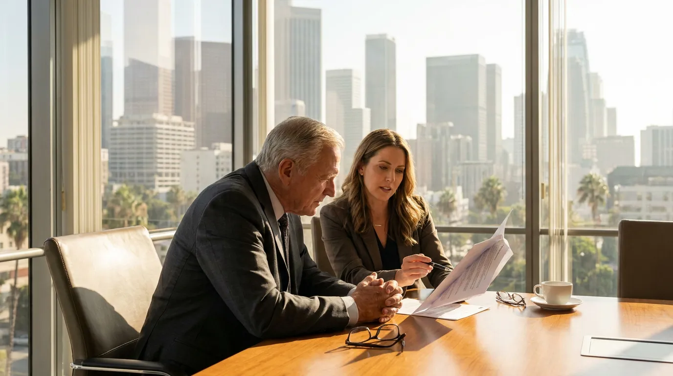 two attorneys reviewing legal documents at conference table with city skyline view