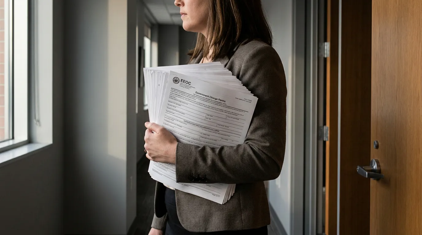 woman in blazer holding stack of EEOC Government Charge Forms documents