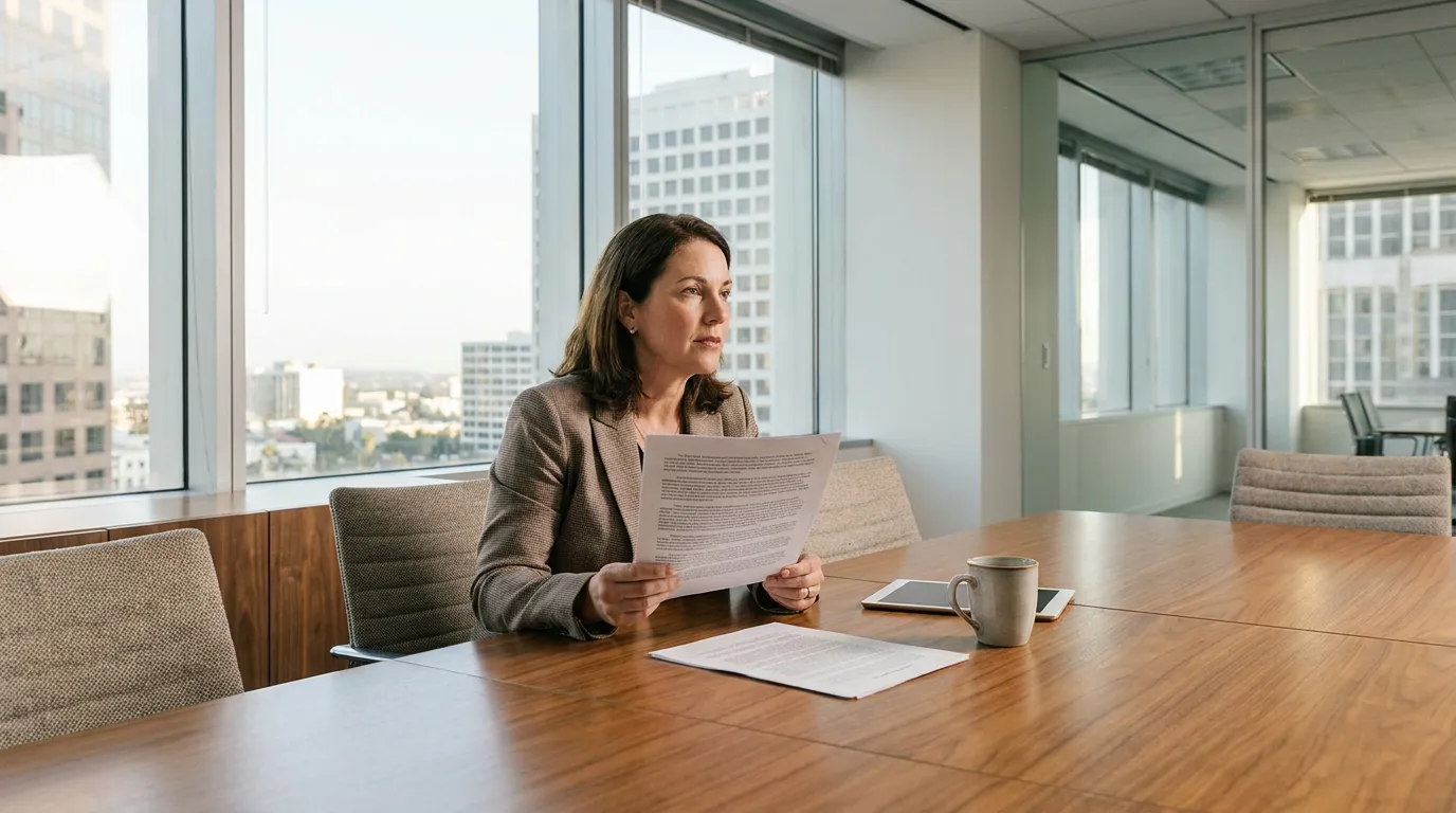 female attorney holding legal documents at conference room table in high-rise office