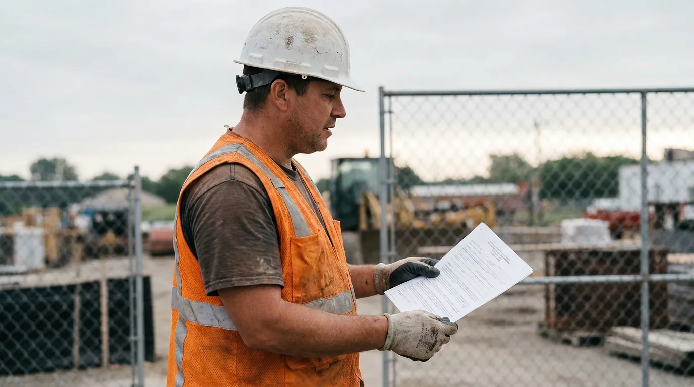 construction worker in hard hat and safety vest reviewing documents at job site