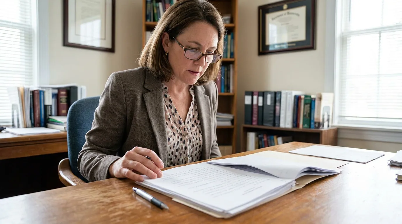 female attorney reviewing legal documents at desk with framed diploma on wall