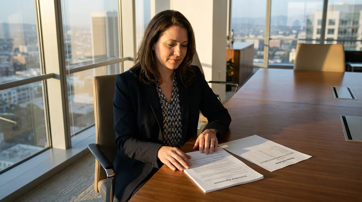 attorney reviewing Severance Agreement documents at conference room table