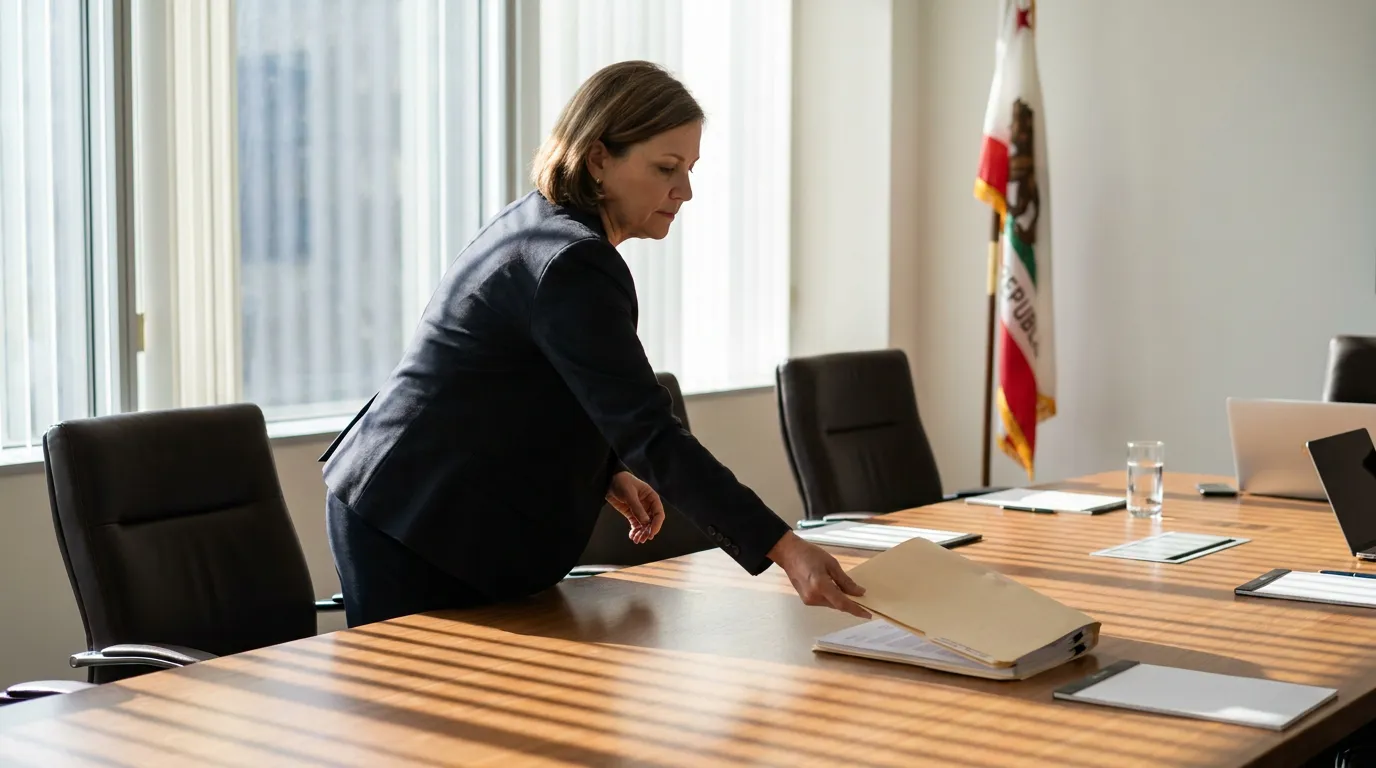 female attorney placing legal folder on conference room table beside California state flag