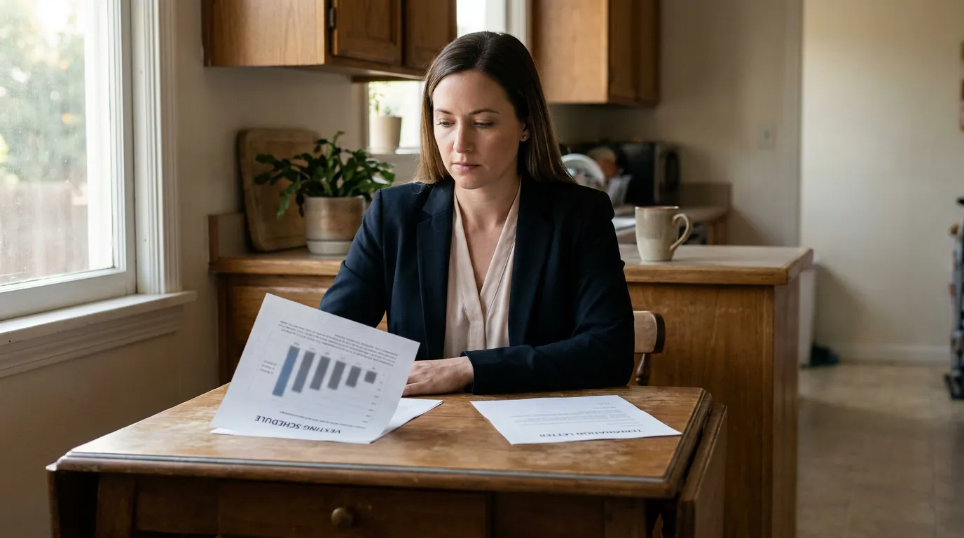 woman reviewing vesting schedule and termination letter documents at kitchen table