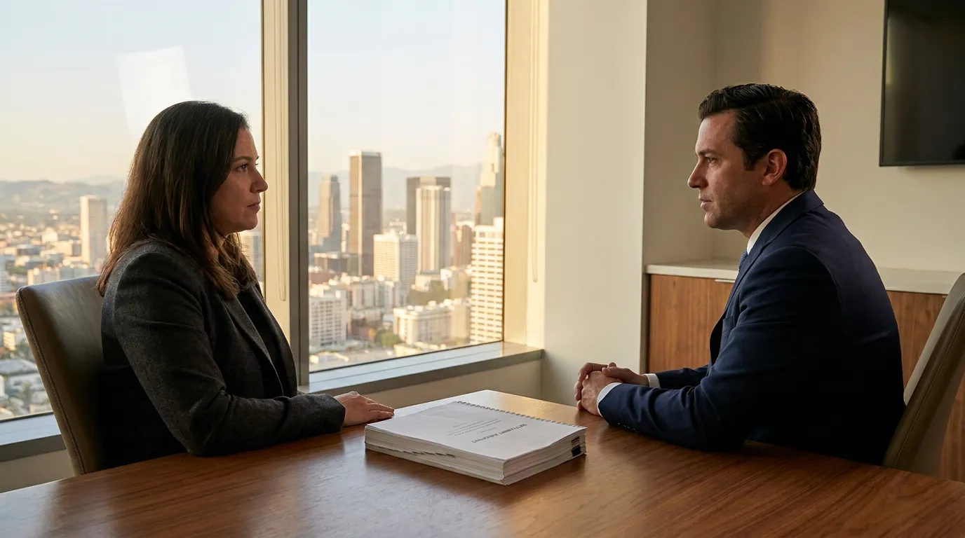 two professionals seated at conference table with legal documents and city skyline