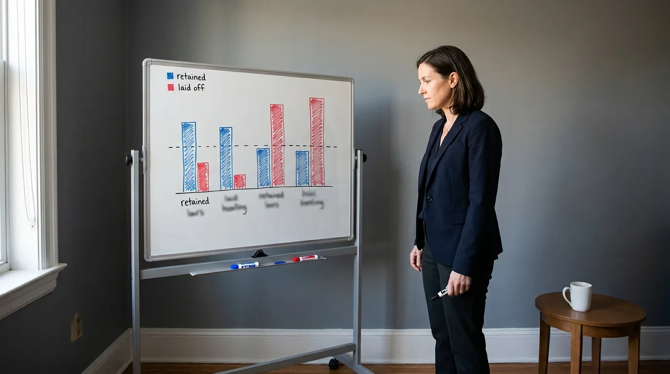 Woman in blazer holding marker studies whiteboard bar chart labeled retained and laid off beside window