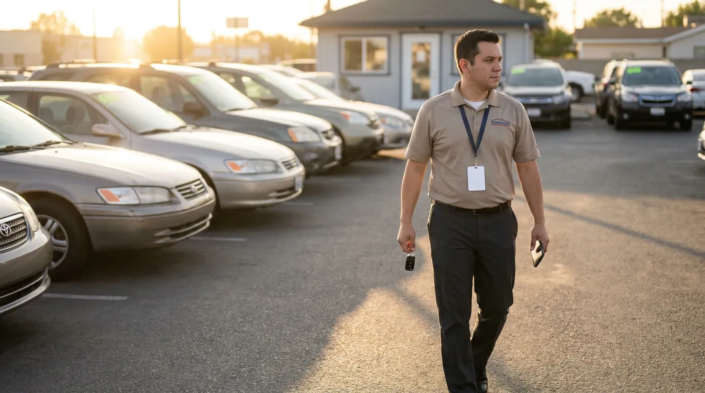Dealership employee with lanyard and name badge holding car key and phone while walking past parked used cars
