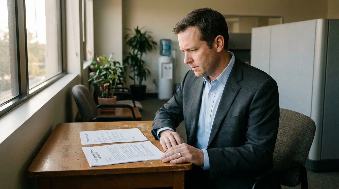suited professional man reviewing printed legal documents at office desk